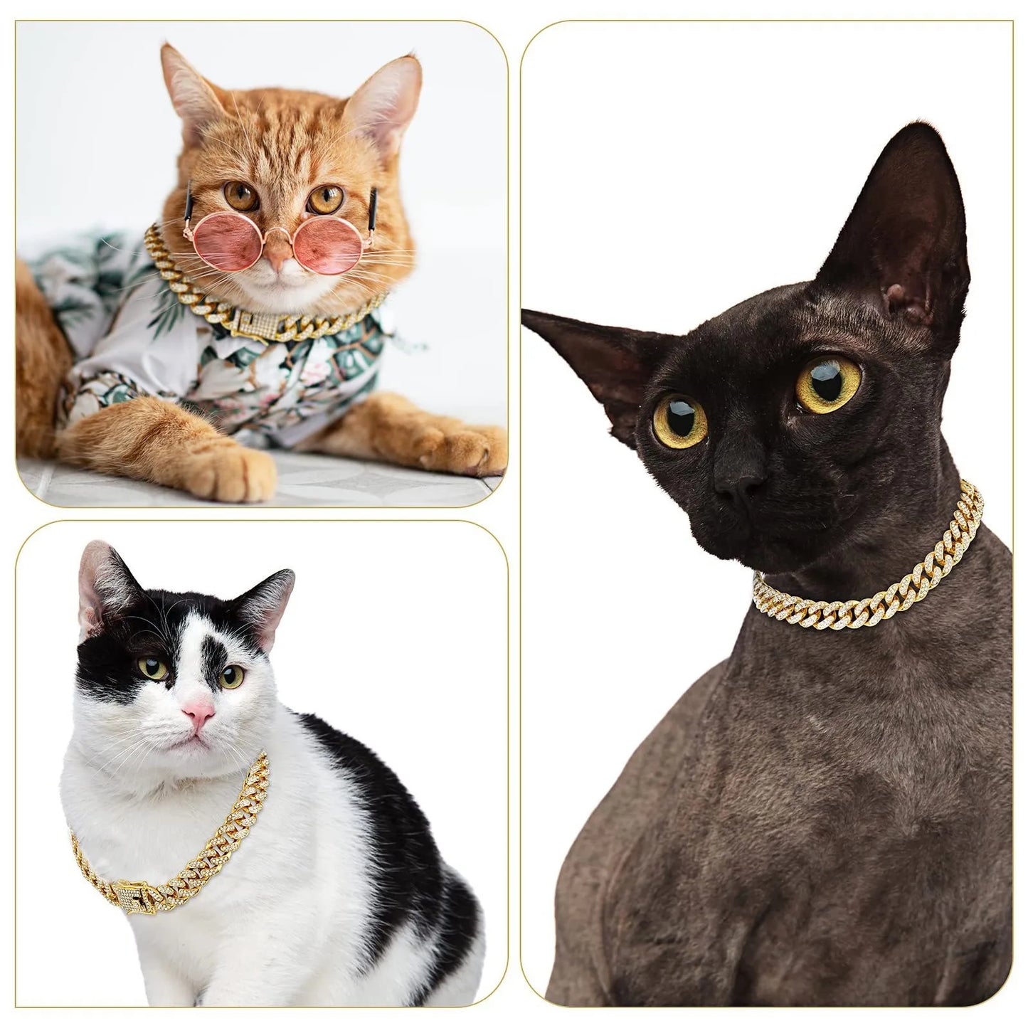 Fashion Jewelry Accessories Gold Cuban Chain Cat Collar Luxury Crystal Rhinestone Pet Kitten Necklace for Cats