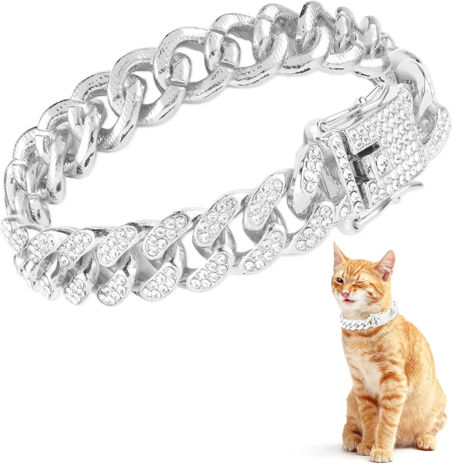 Fashion Jewelry Accessories Gold Cuban Chain Cat Collar Luxury Crystal Rhinestone Pet Kitten Necklace for Cats