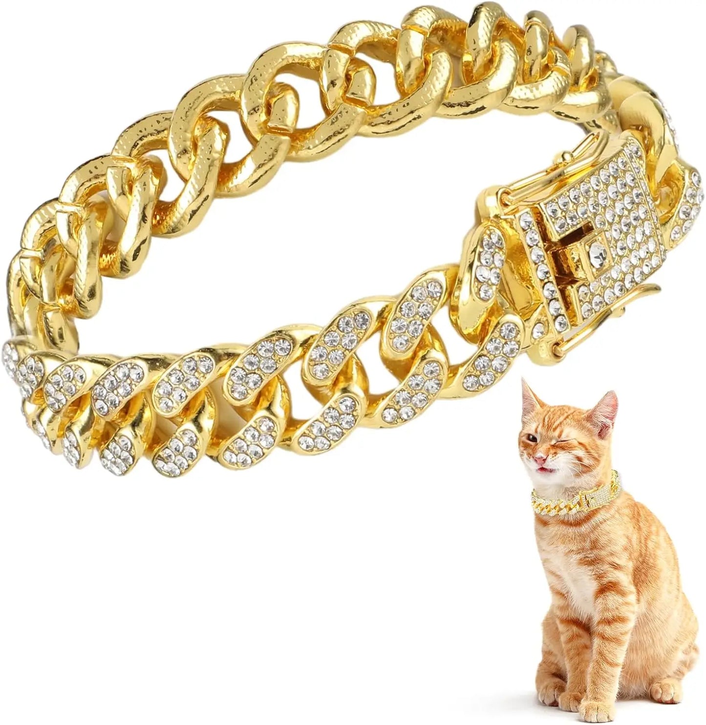 Fashion Jewelry Accessories Gold Cuban Chain Cat Collar Luxury Crystal Rhinestone Pet Kitten Necklace for Cats