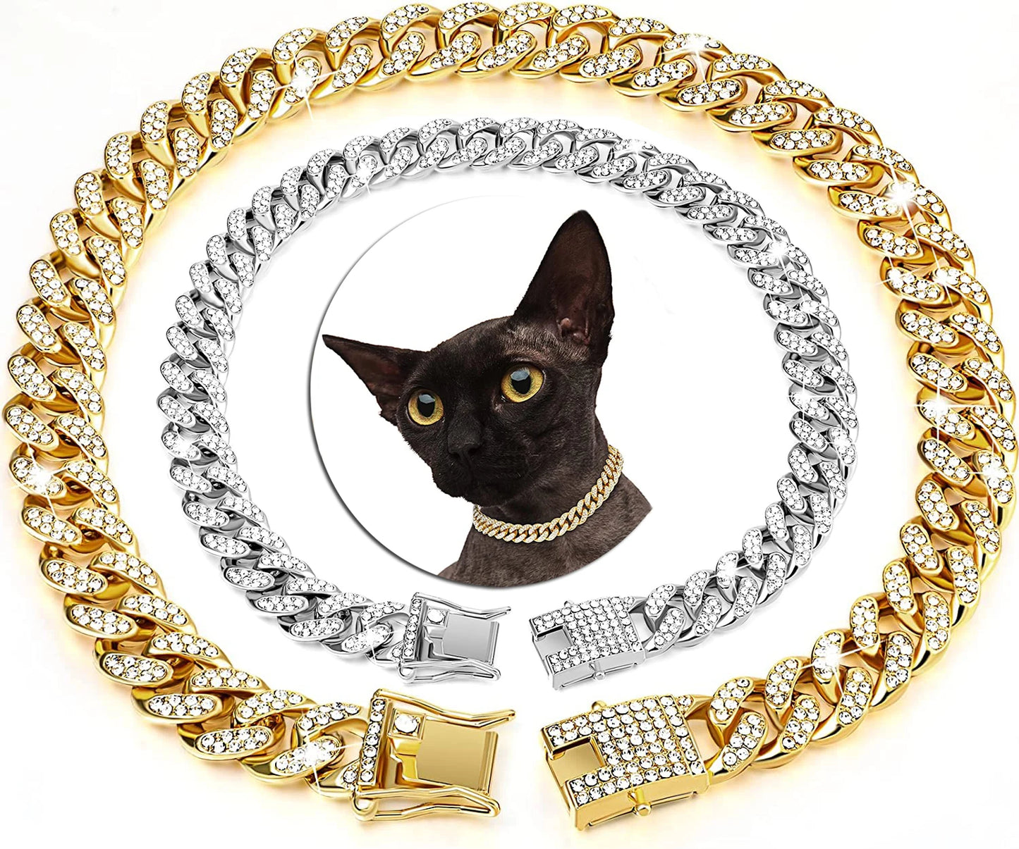Fashion Jewelry Accessories Gold Cuban Chain Cat Collar Luxury Crystal Rhinestone Pet Kitten Necklace for Cats